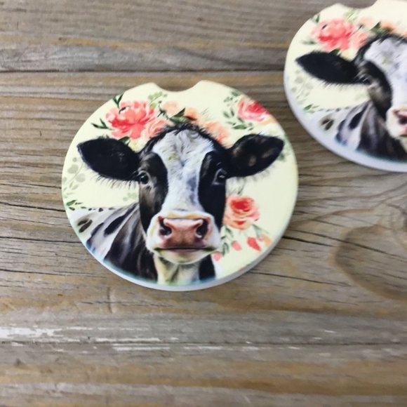 Floral Holstein Cow Car Coasters, Set of 2 - Picture 2 of 7